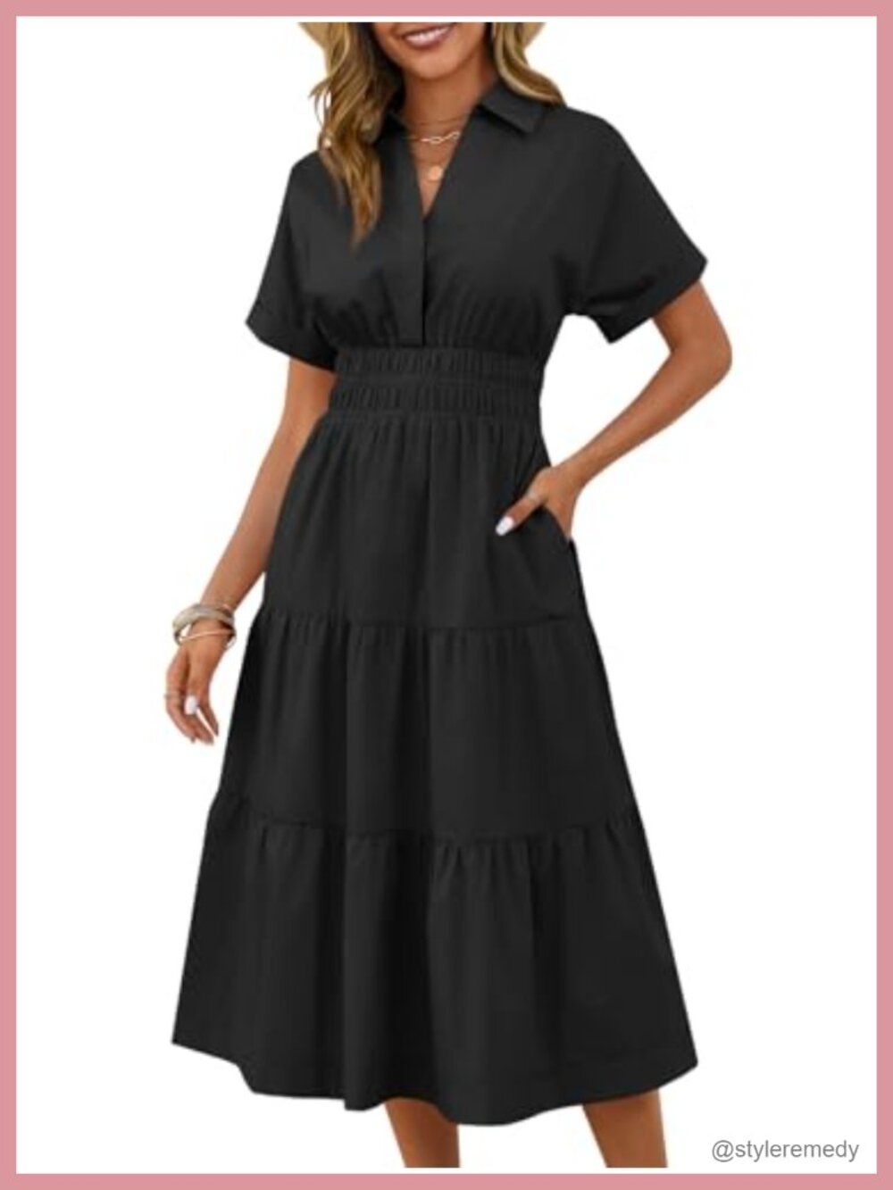 Wenrine Women Summer Short Sleeve V Neck Maxi Dress with Pockets